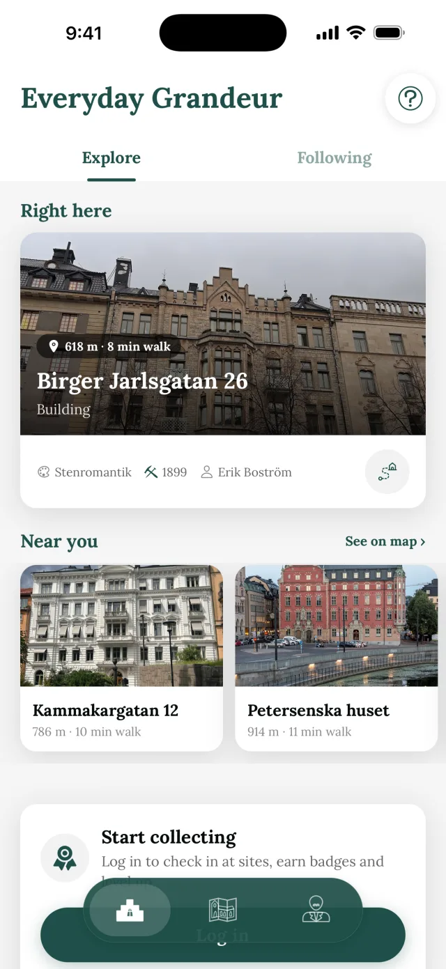 The app's home screen showing the site right where you stand