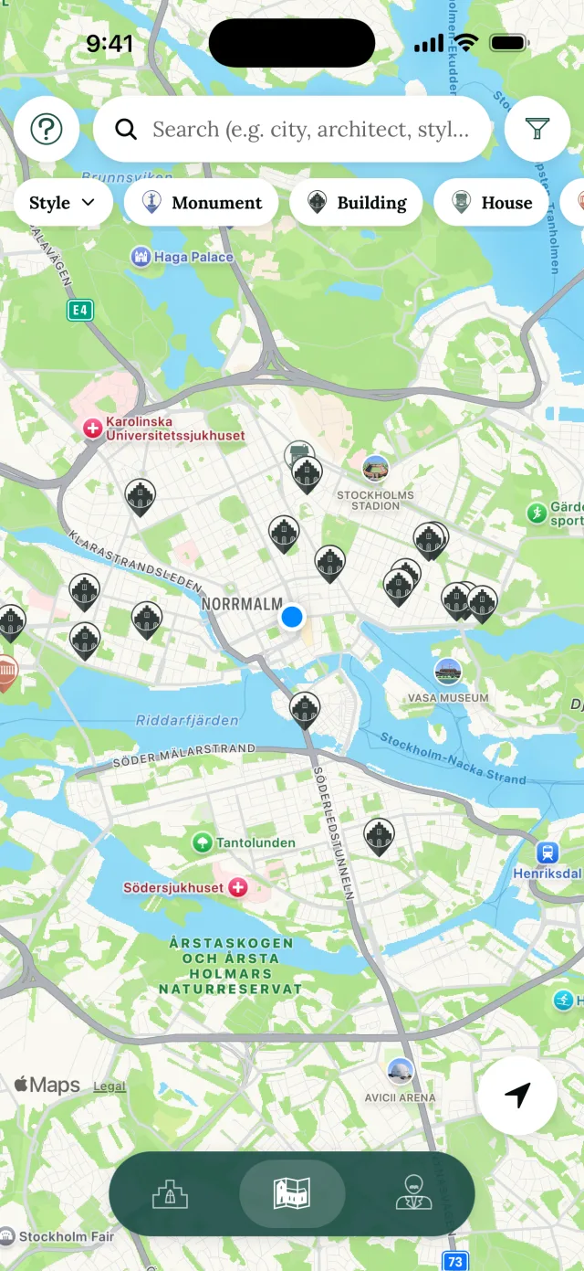 The map with pins for churches, houses and landmarks