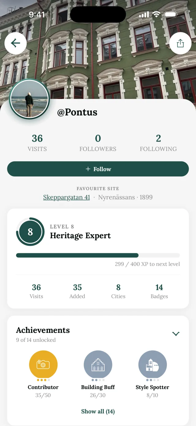 The profile with level and badges